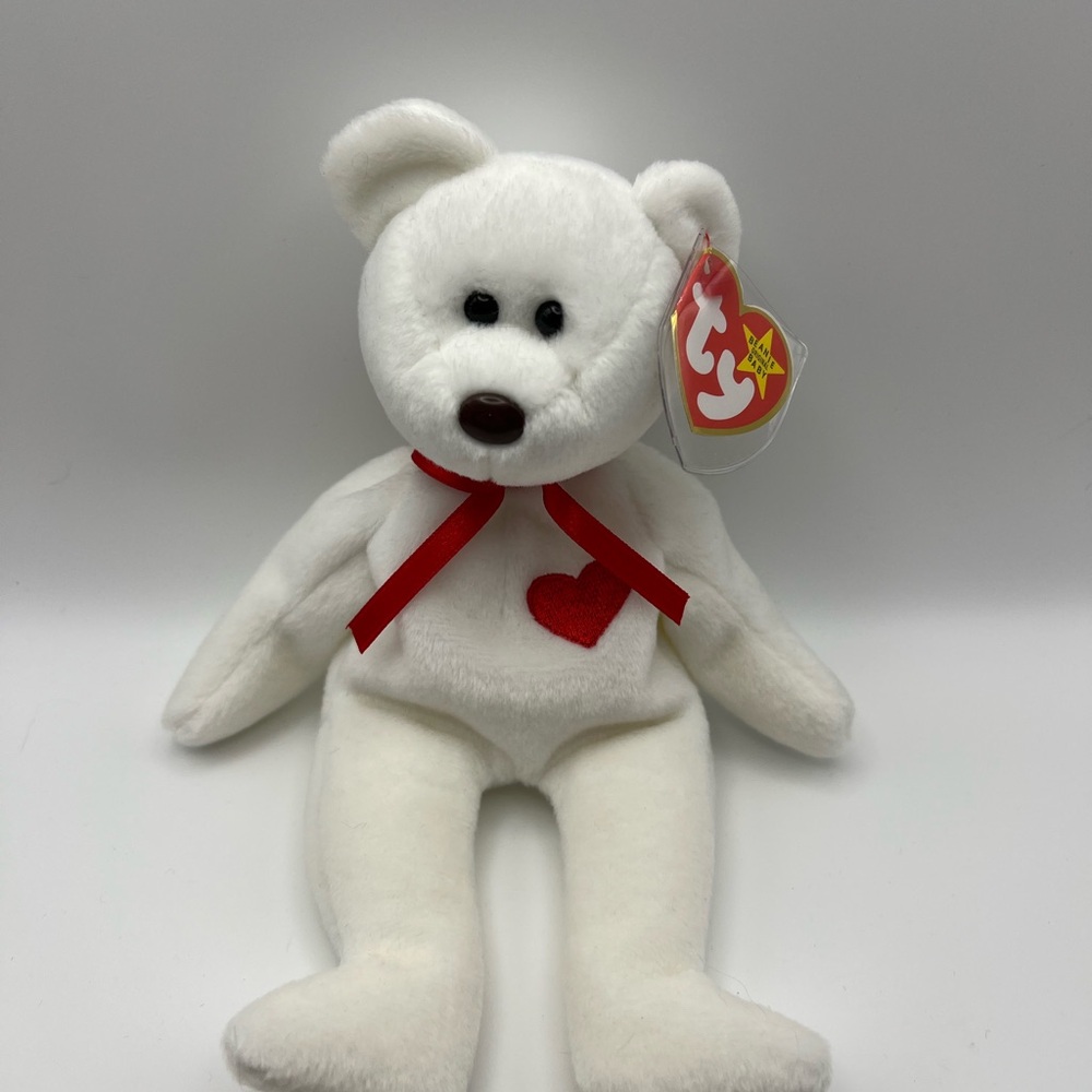 Ty Plush Bear, VALENTINO, with Red Heart and Ribbon